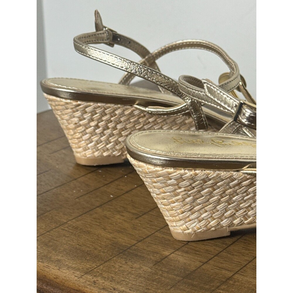 Lilly Pulitzer Gold Metallic Leather T Strap Wedge Sandals Women’s 8 Resort - Picture 6 of 13